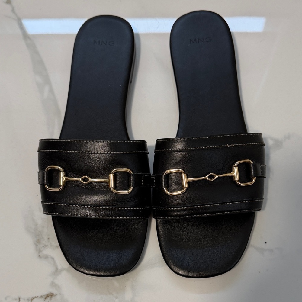 Mango Black Slide Sandals with Gold Horsebit Trim - Picture 5 of 8